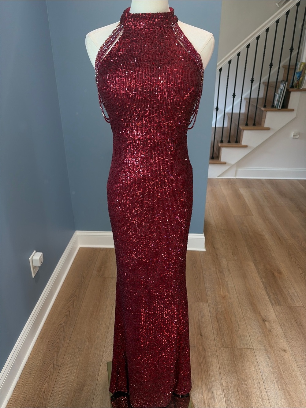 Diva Abby Trends Burgundy Sequin Halter Maxi Gown Crystal Straps Size S